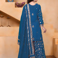 Luxury Teal Blue Faux Georgette Palazzo Suit Embroidery Dupatta
