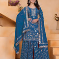 Luxury Teal Blue Faux Georgette Palazzo Suit Embroidery Dupatta