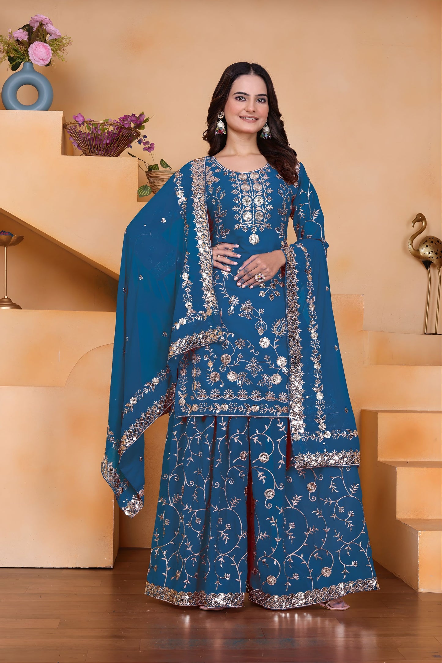 Luxury Teal Blue Faux Georgette Palazzo Suit Embroidery Dupatta