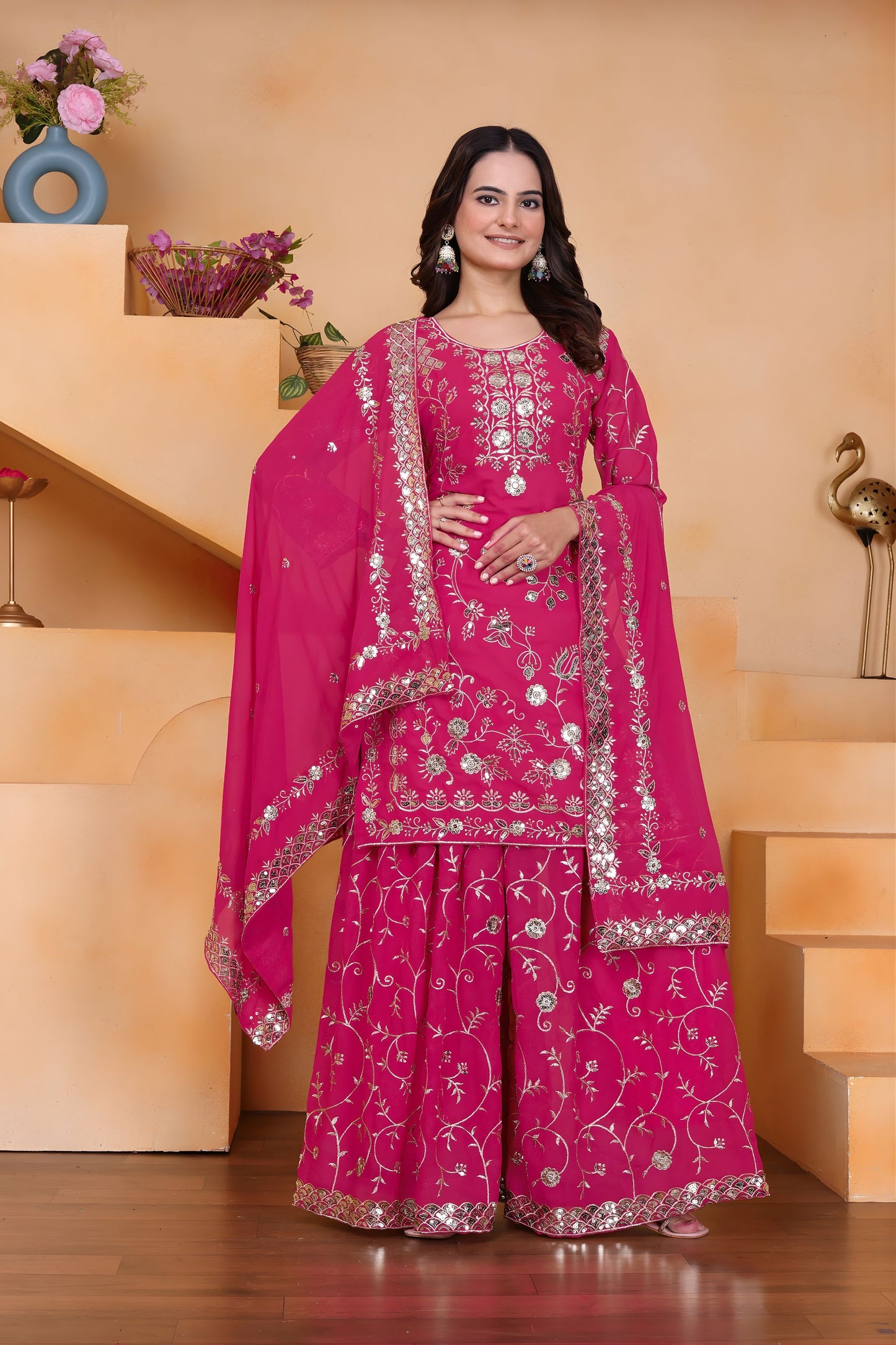 Beautifull Rani Pink Faux Georgette Palazzo Suit Embroidery Dupatta