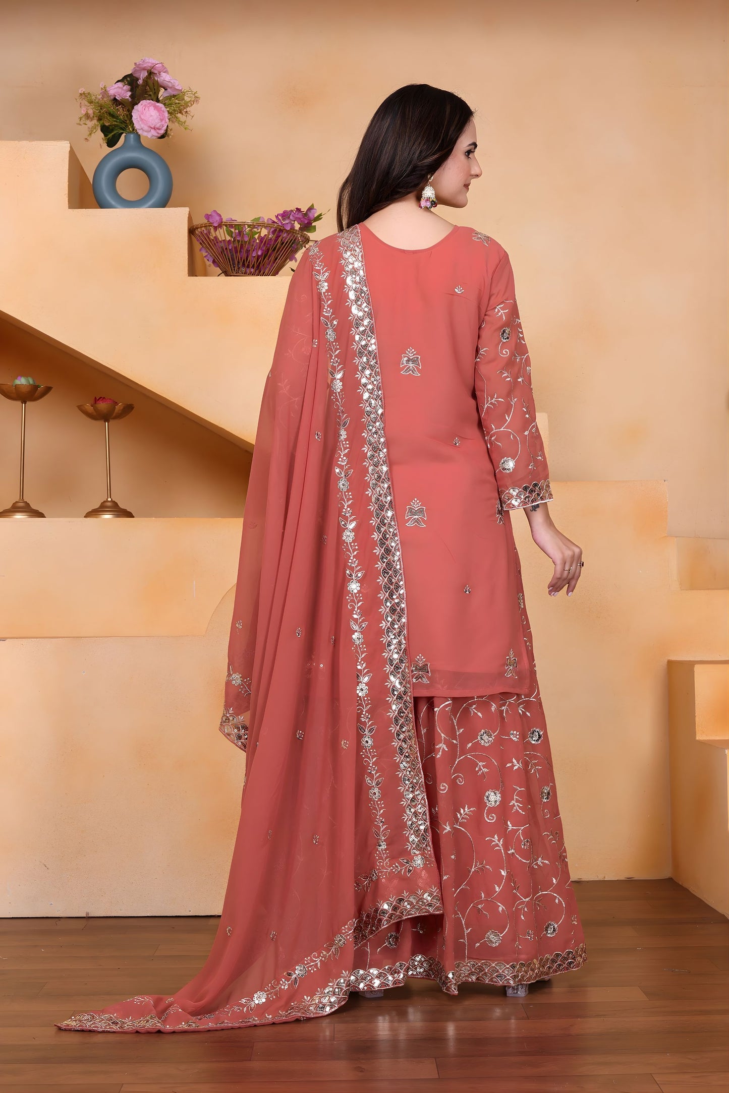 Luxury Peach Faux Georgette Palazzo Suit Heavy Embroidery Dupatta