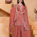 Luxury Peach Faux Georgette Palazzo Suit Heavy Embroidery Dupatta