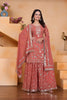 Luxury Peach Faux Georgette Palazzo Suit Heavy Embroidery Dupatta