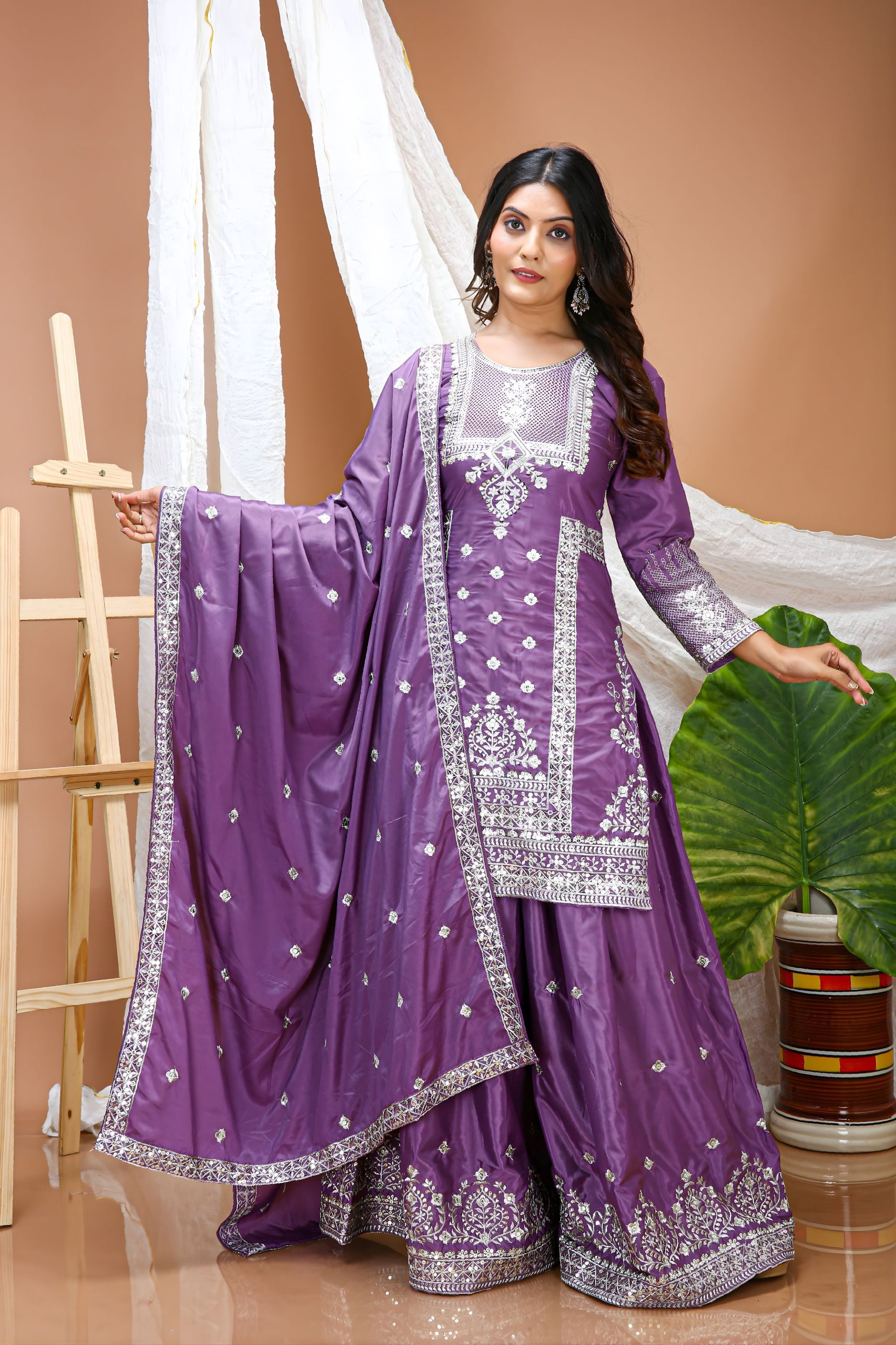 Royal Purple Natural Crep Palazzo Suit Heavy Embroidery Dupatta for Women