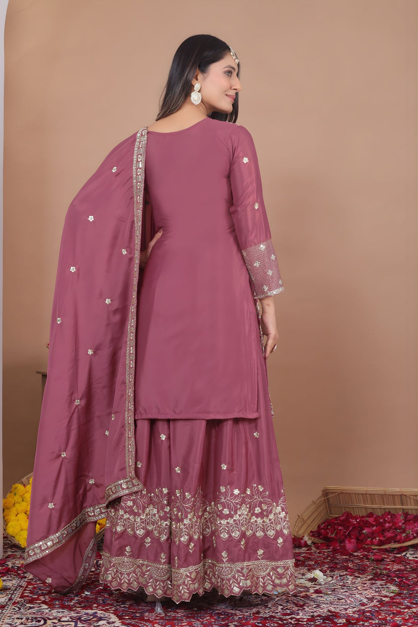 Luxury Mauve Natural Crep Palazzo Suit with Heavy Embroidery Dupatta