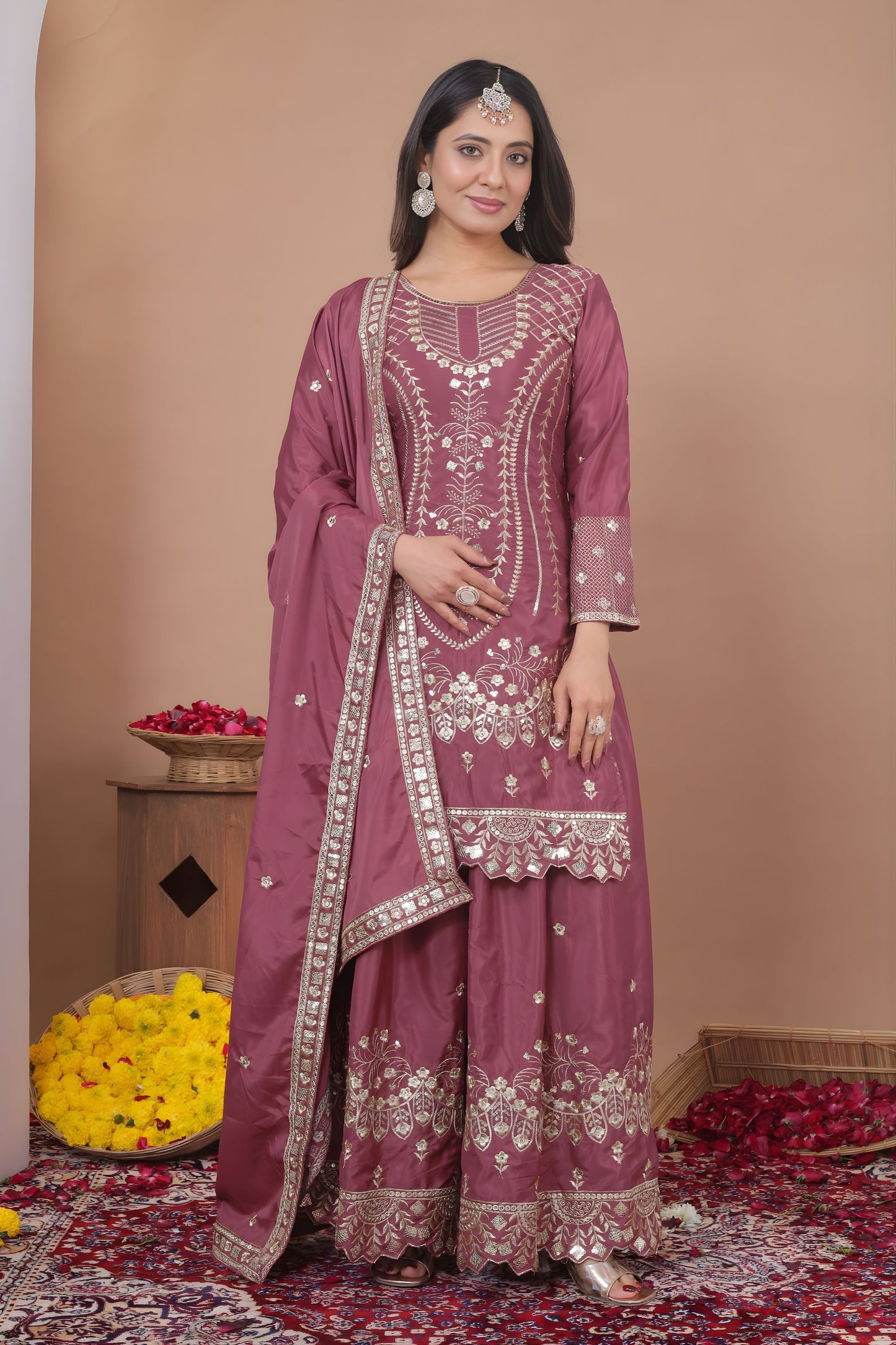 Luxury Mauve Natural Crep Palazzo Suit with Heavy Embroidery Dupatta
