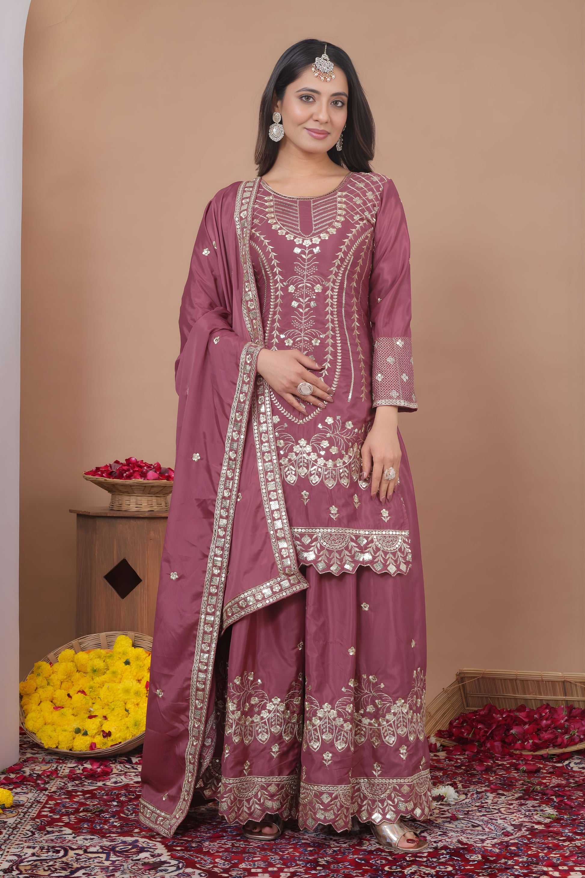 Luxury Mauve Natural Crep Palazzo Suit with Heavy Embroidery Dupatta