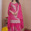 Beautiful Rani Pink Natural Crep Palazzo Suit Heavy Embroidery Dupatta