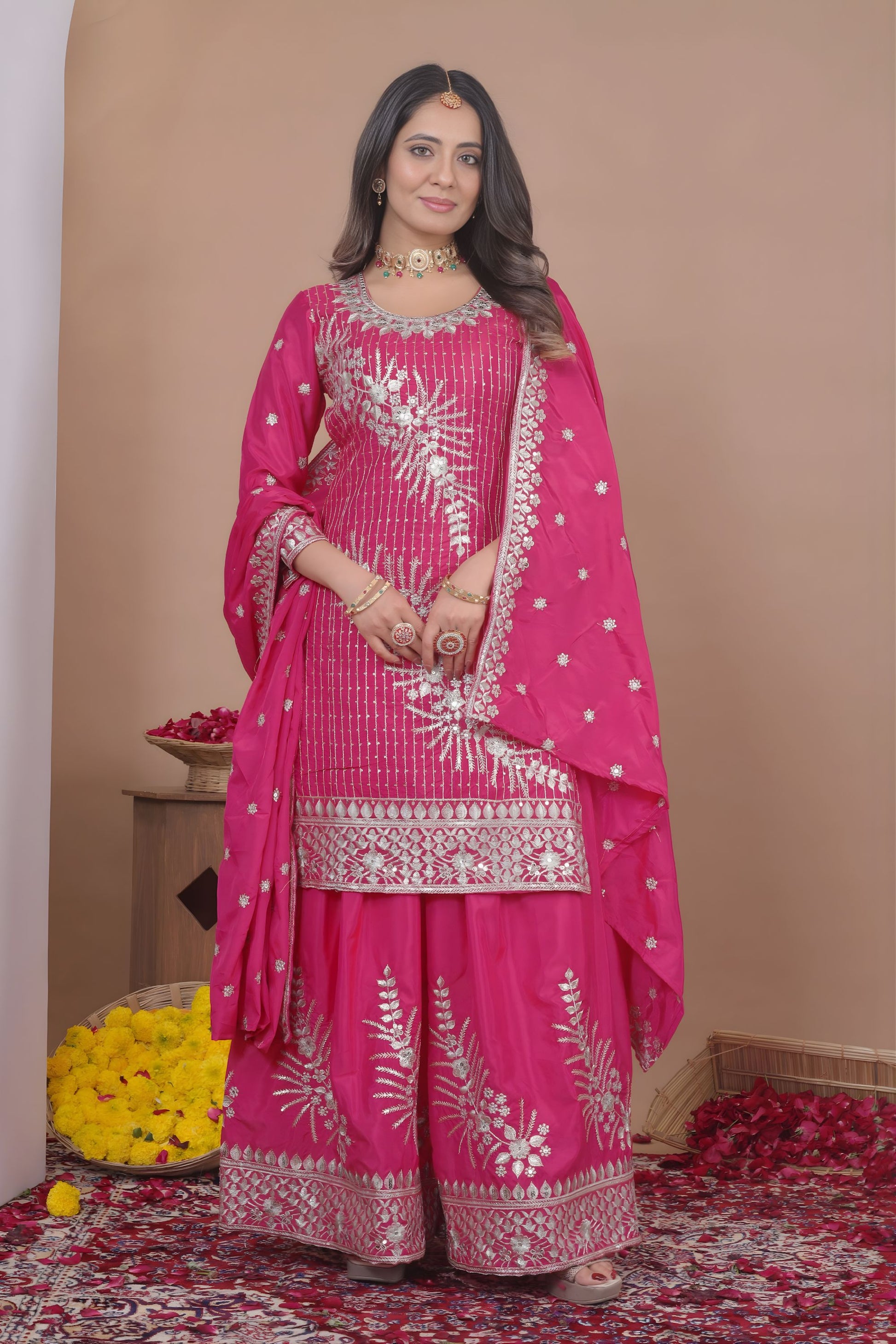 Beautiful Rani Pink Natural Crep Palazzo Suit Heavy Embroidery Dupatta