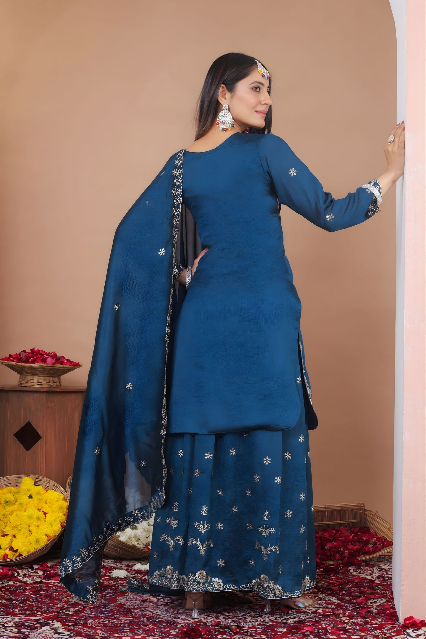 Luxury Teal Blue Vichitra Silk Straight Cut Suit with Heavy Embroidery Dupatta