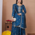 Luxury Teal Blue Natural Crep Palazzo Suit Heavy Embroidery Dupatta