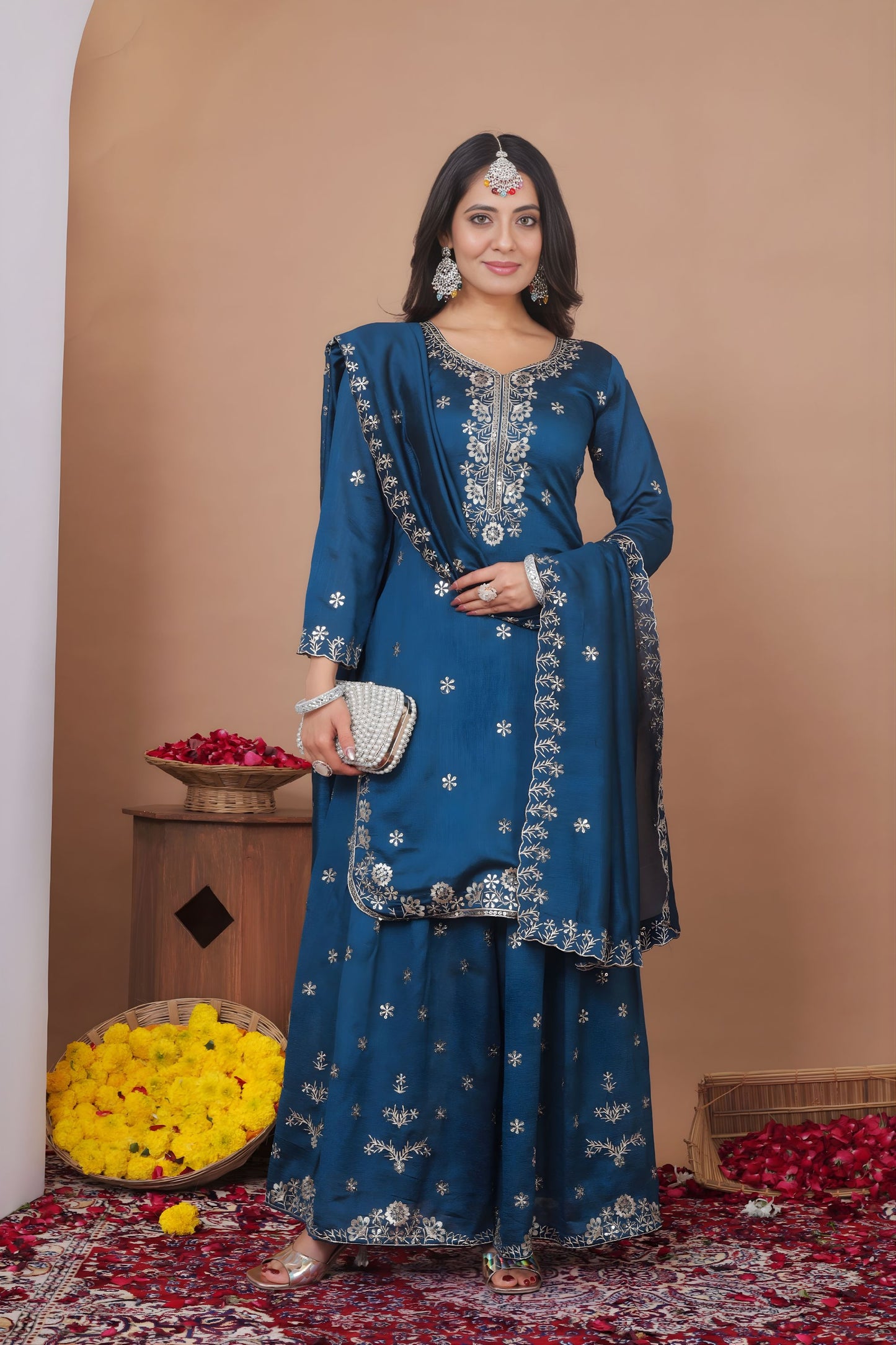 Luxury Teal Blue Natural Crep Palazzo Suit Heavy Embroidery Dupatta