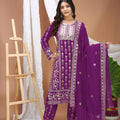 Luxury Purple Faux Georgette Straight Cut Suit Embroidery Dupatta