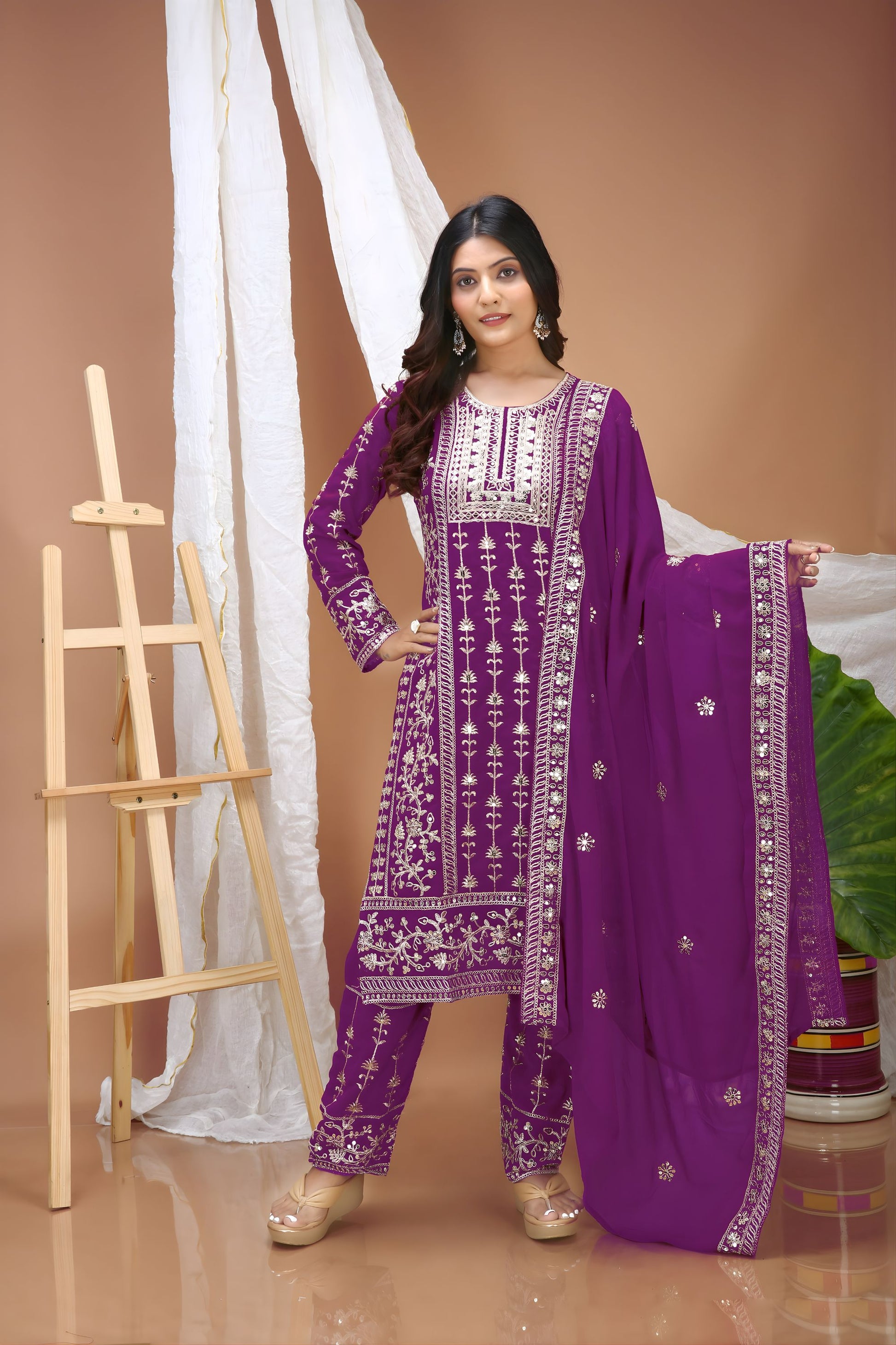 Luxury Purple Faux Georgette Straight Cut Suit Embroidery Dupatta