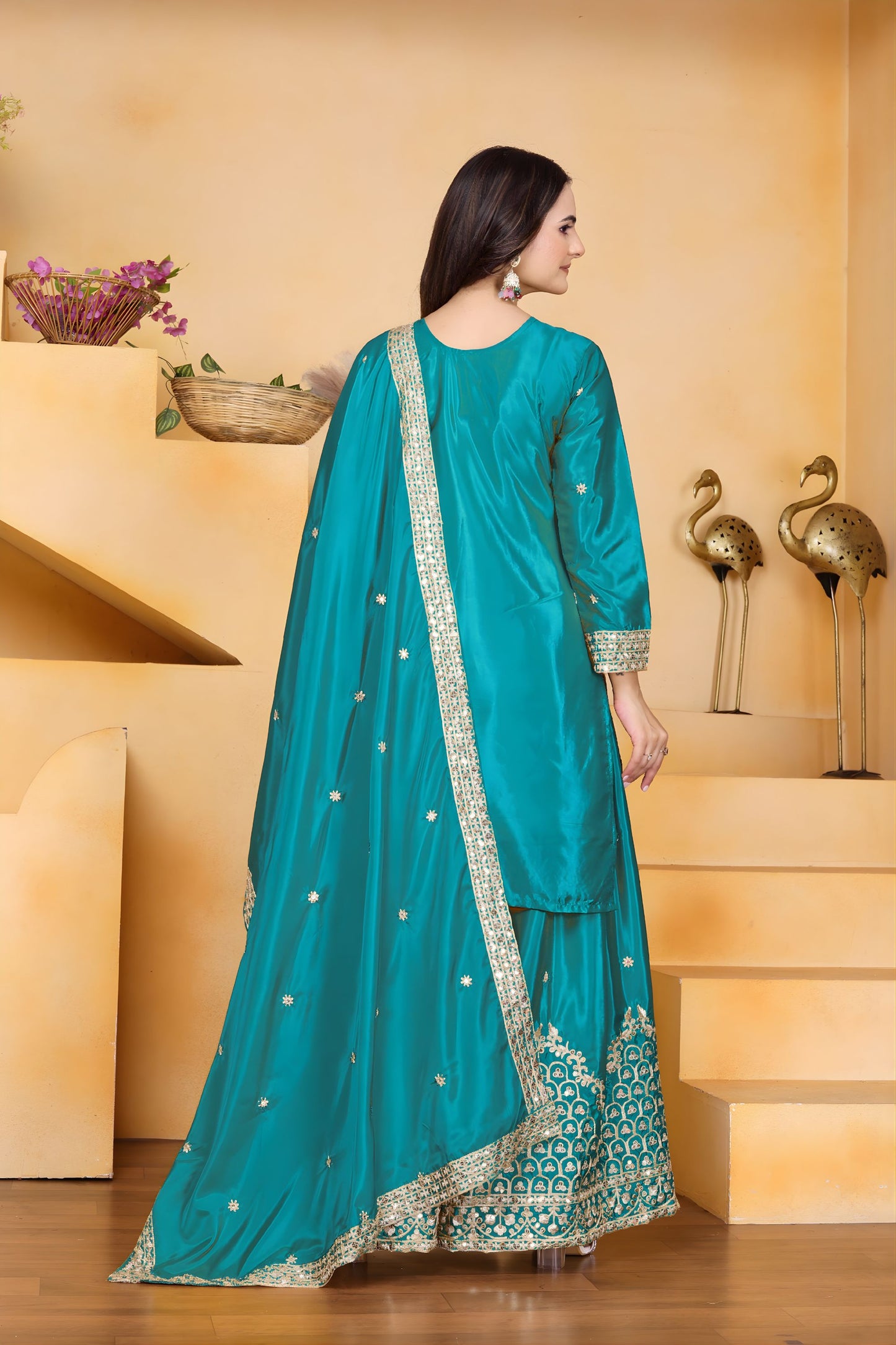 Luxury Teal Green Natural Crep Palazzo Suit Embroidery Dupatta