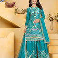 Luxury Teal Green Natural Crep Palazzo Suit Embroidery Dupatta