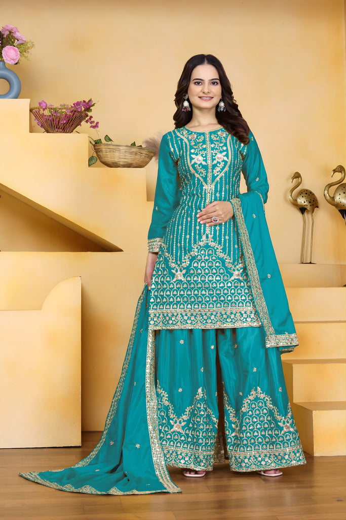 Luxury Teal Green Natural Crep Palazzo Suit Embroidery Dupatta