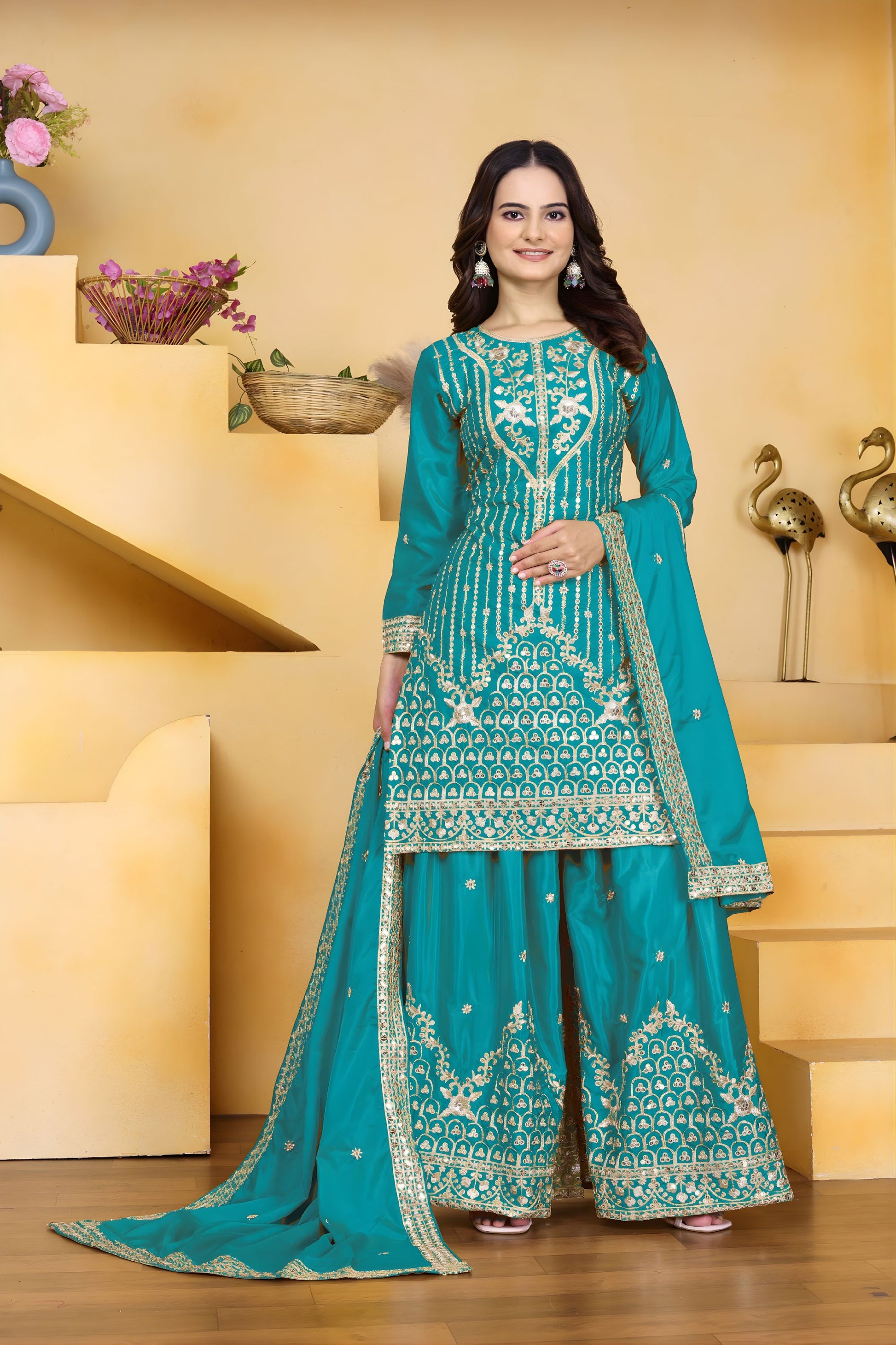 Luxury Teal Green Natural Crep Palazzo Suit Embroidery Dupatta