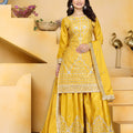 Luxury Mustard Yellow Natural Crep Palazzo Suit Embroidery Dupatta
