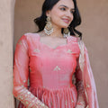 Royal Peach Pink Silk Designer Gown Embroidered Dupatta for Wedding