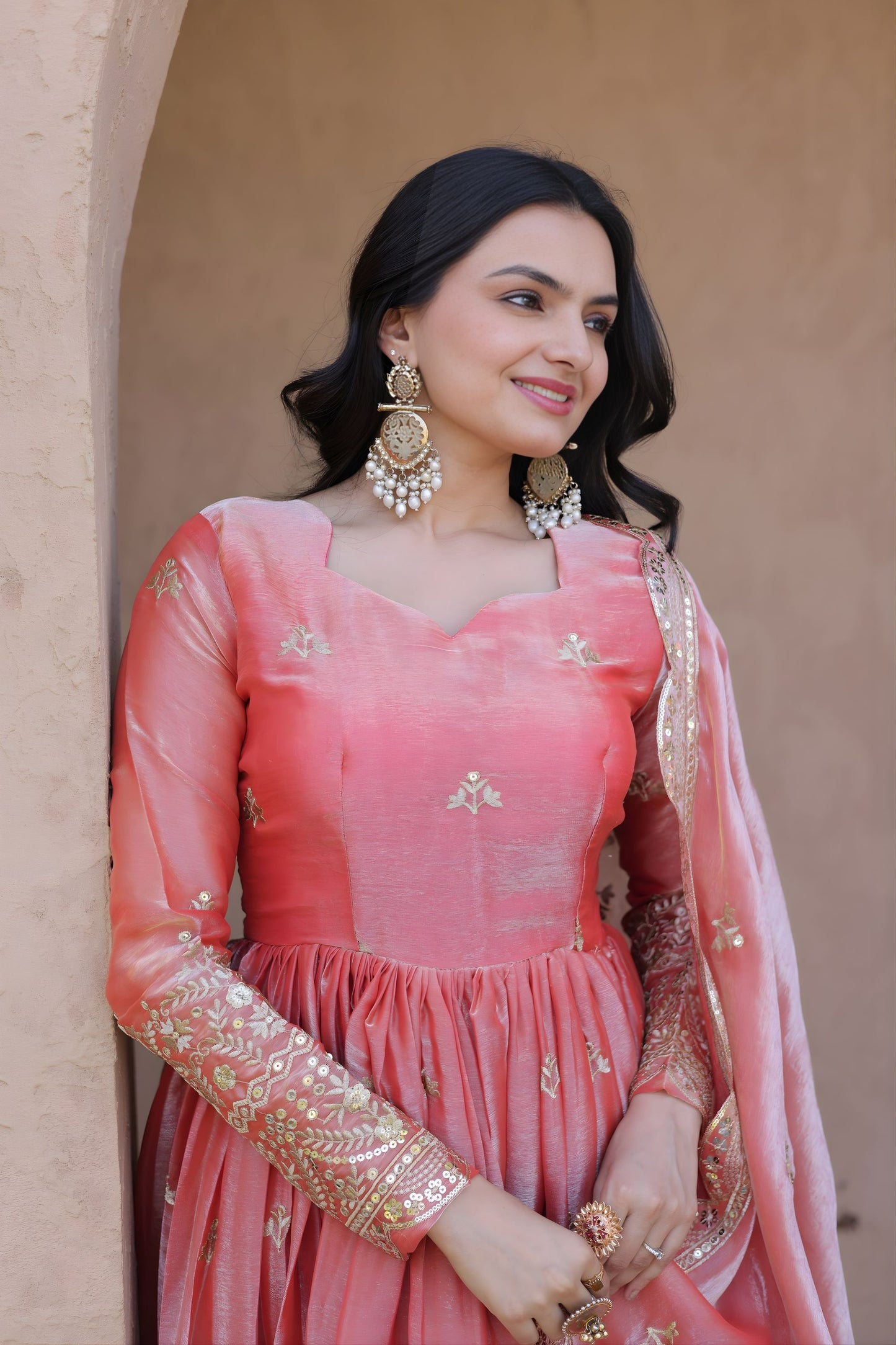 Royal Peach Pink Silk Designer Gown Embroidered Dupatta for Wedding