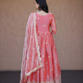 Royal Peach Pink Silk Designer Gown Embroidered Dupatta for Wedding