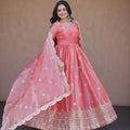 Royal Peach Silk Designer Gown Embroidered Dupatta for Wedding