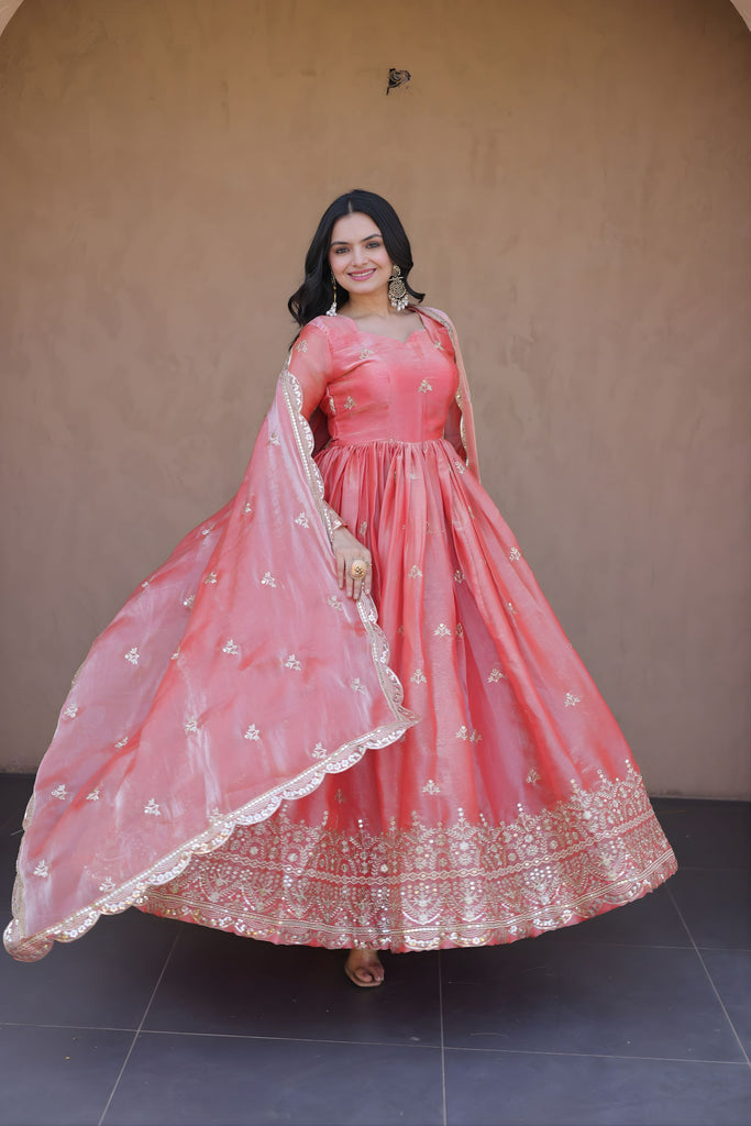 Royal Peach Silk Designer Gown Embroidered Dupatta for Wedding