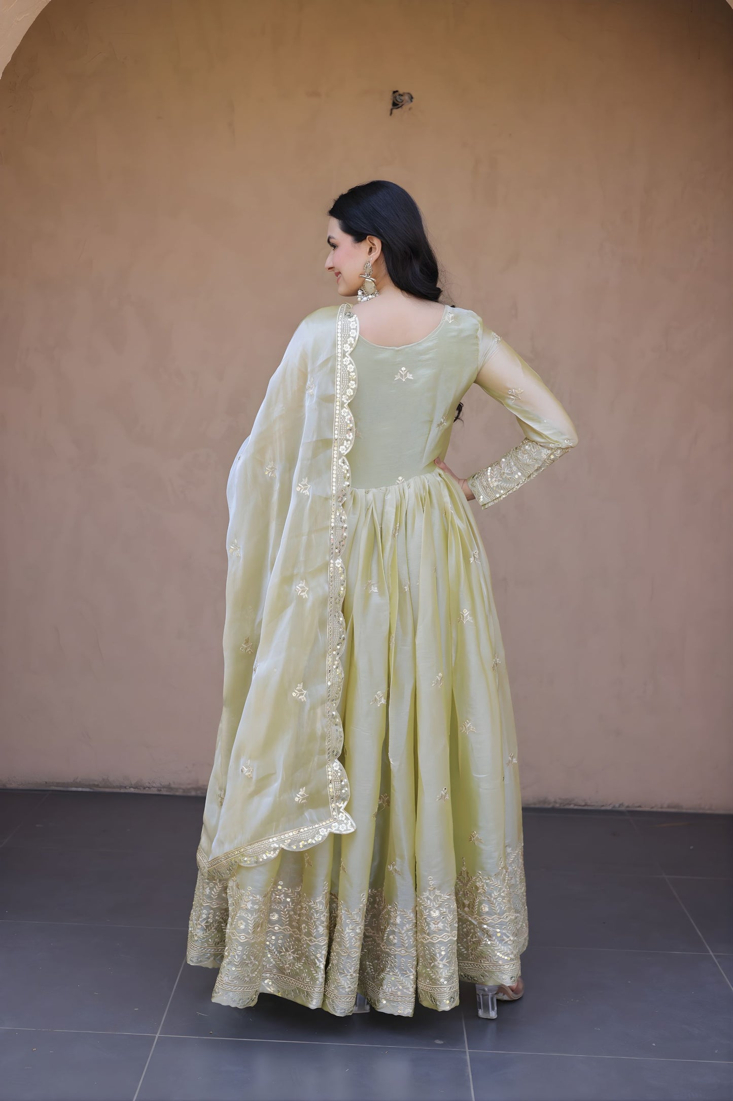 Stylish Pista Green Silk Designer Gown with Heavy Embroidered Dupatta for Wedding