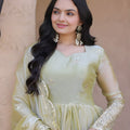 Stylish Pista Green Silk Designer Gown with Heavy Embroidered Dupatta for Wedding
