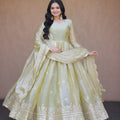 Stylish Pista Green Silk Designer Gown with Heavy Embroidered Dupatta for Wedding