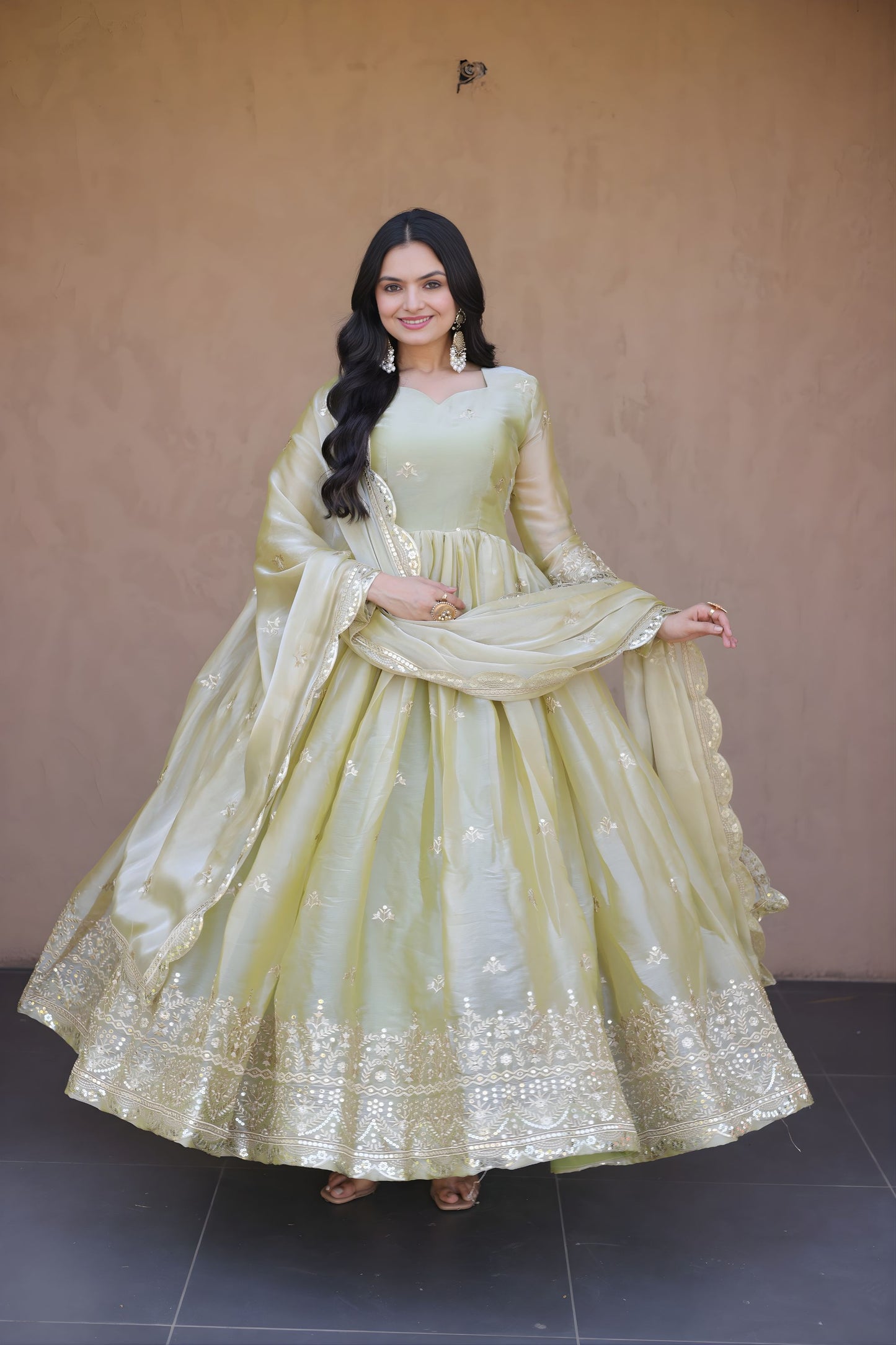 Stylish Pista Green Silk Designer Gown with Heavy Embroidered Dupatta for Wedding
