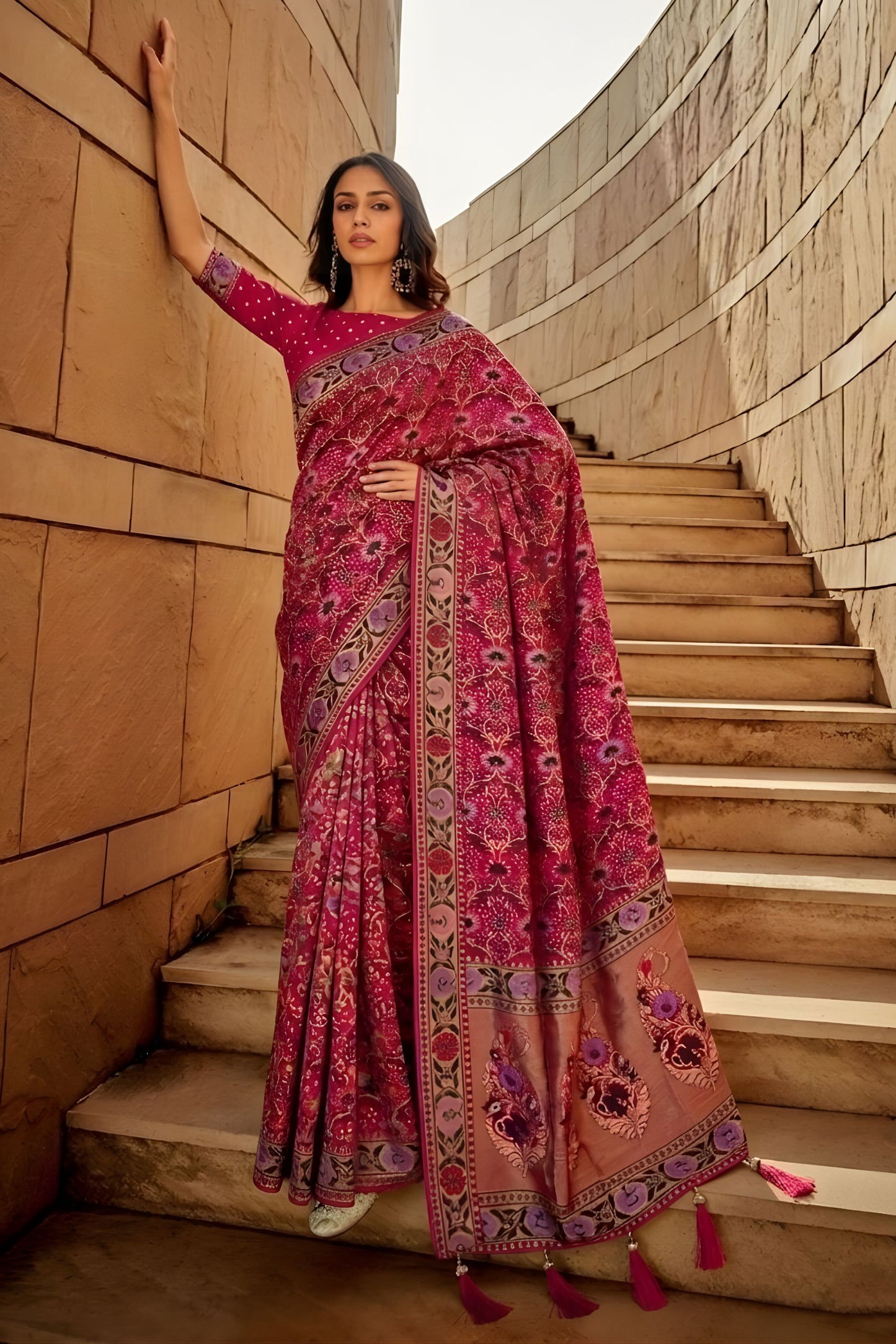 Luxury Wine Pink Soft Khadi Georgette Saree Wedding Wear