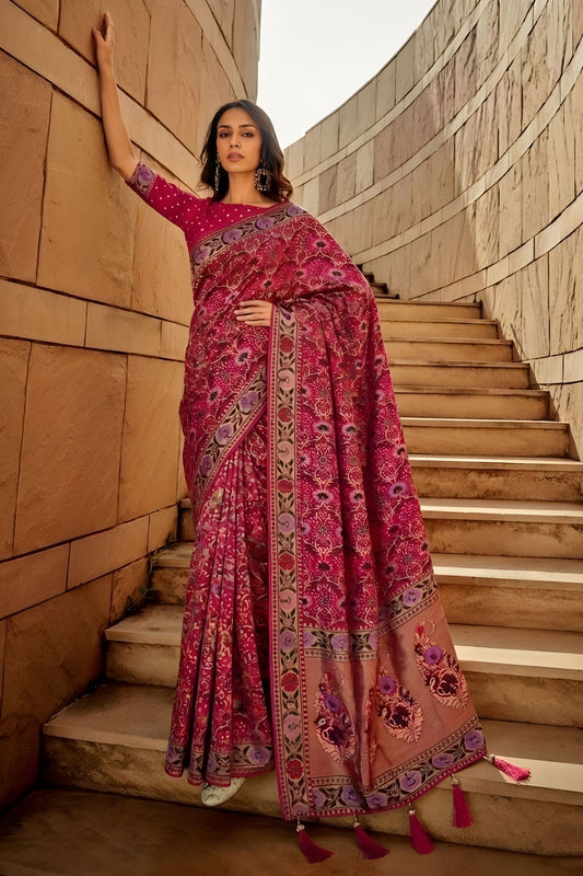 Luxury Wine Pink Soft Khadi Georgette Saree Wedding Wear