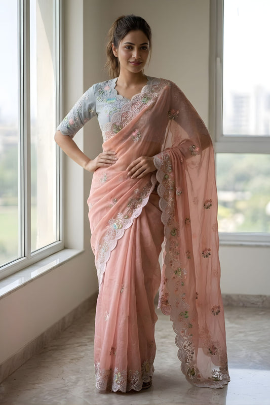Elegant Peach Faux Georgette Saree for Wedding Wear