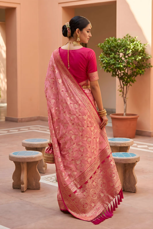 Beautiful Baby Pink Soft Banarasi Silk Saree Weaving Meenakari Design