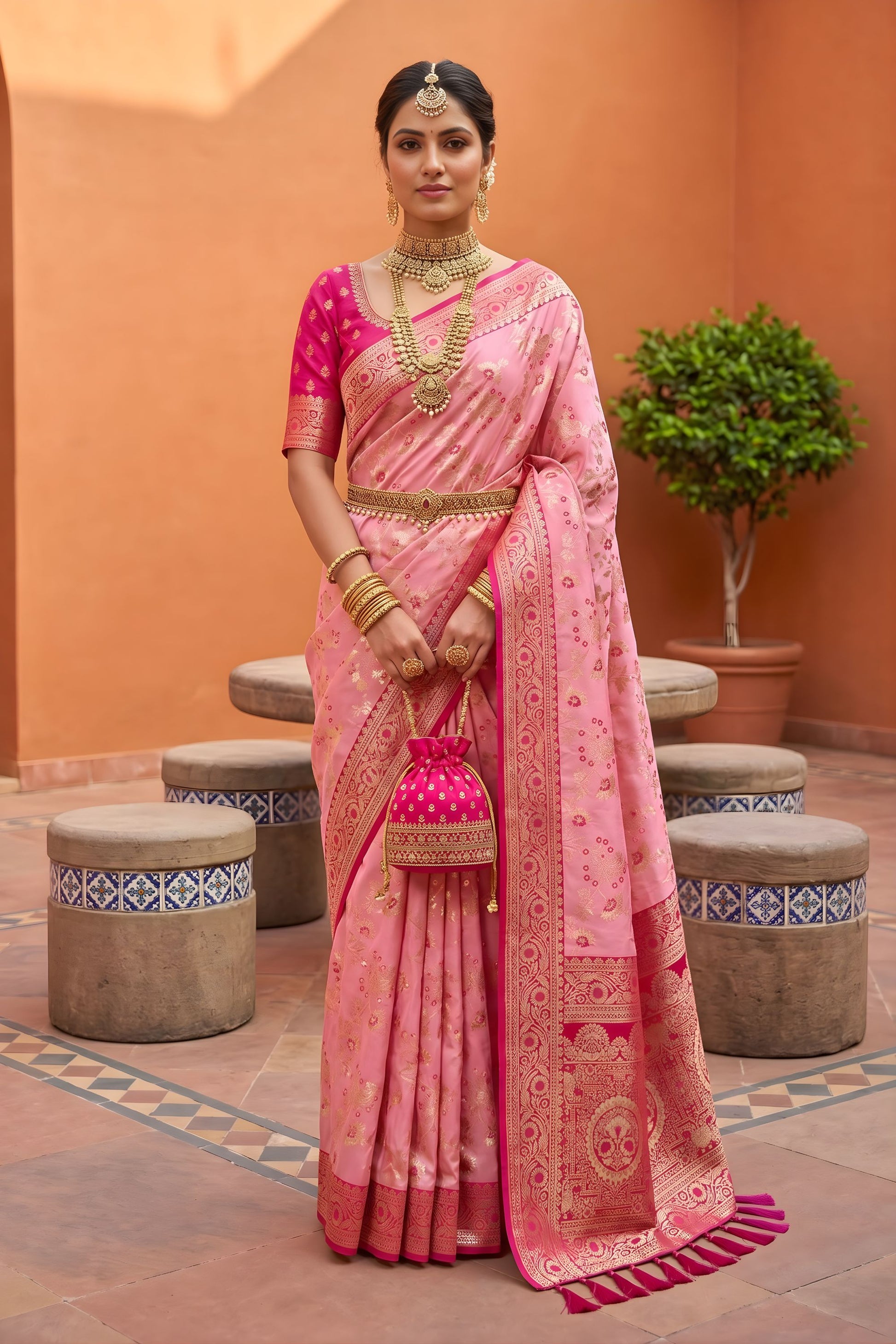 Beautiful Baby Pink Soft Banarasi Silk Saree Weaving Meenakari Design