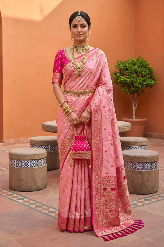 Beautiful Baby Pink Soft Banarasi Silk Saree Weaving Meenakari Design