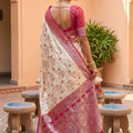 Stylish Off White Soft Banarasi Silk Saree Weaving Meenakari Design for Women