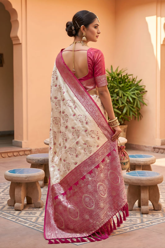 Stylish Off White Soft Banarasi Silk Saree Weaving Meenakari Design for Women