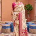 Stylish Off White Soft Banarasi Silk Saree Weaving Meenakari Design for Women