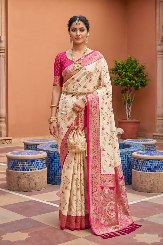 Stylish Off White Soft Banarasi Silk Saree Weaving Meenakari Design for Women