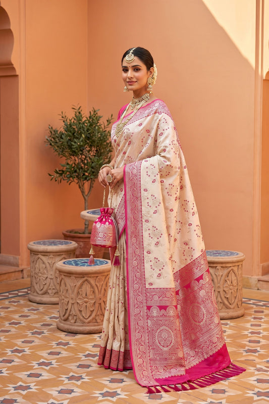 Elegant Off White Soft Banarasi Silk Saree Zari Weaving Meenakari Work for Women