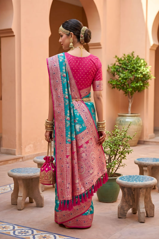 Turquoise Blue Soft Banarasi Silk Saree Weaving Meenakari Design for Women