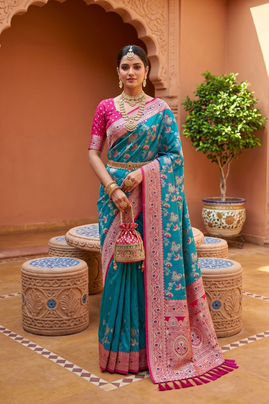 Royal Teal Blue Soft Banarasi Silk Saree Zari Weaving Meenakari Work for Women