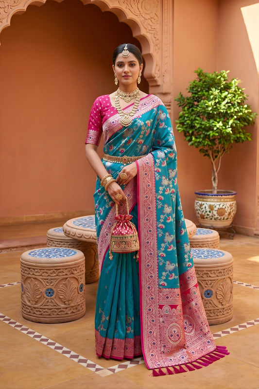 Turquoise Blue Soft Banarasi Silk Saree Weaving Meenakari Design for Women