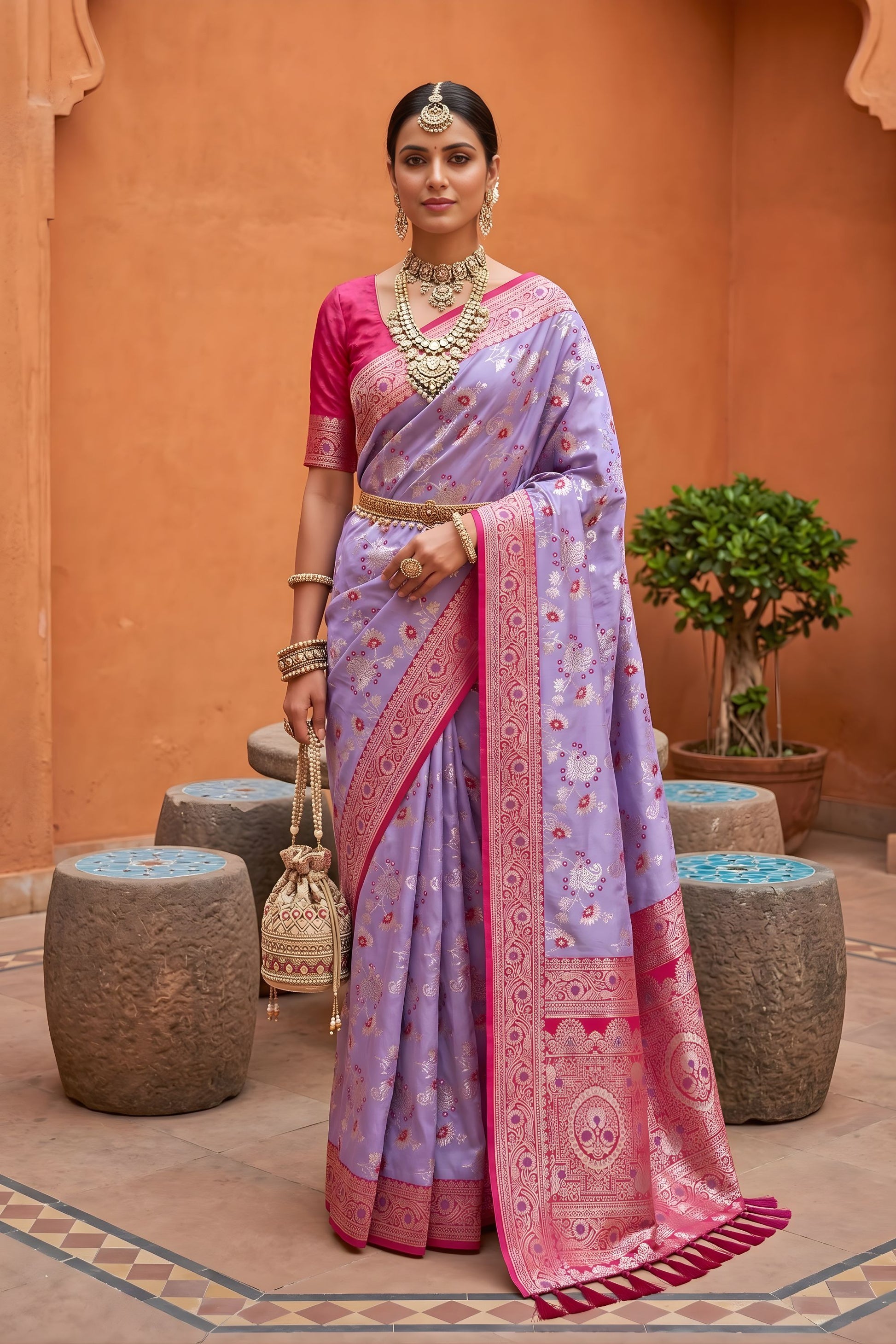 Vibrant Lavender Soft Banarasi Silk Saree Meenakari Design for Women