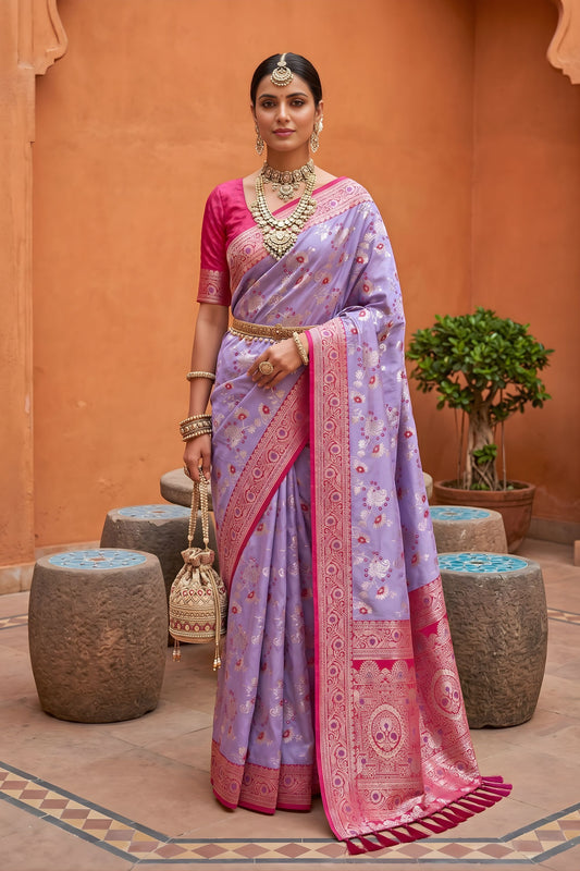 Vibrant Lavender Soft Banarasi Silk Saree Meenakari Design for Women
