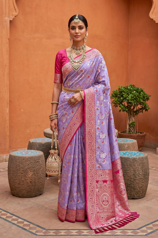 Stunning Lavender Soft Banarasi Silk Saree Zari Weaving Meenakari Work for Women