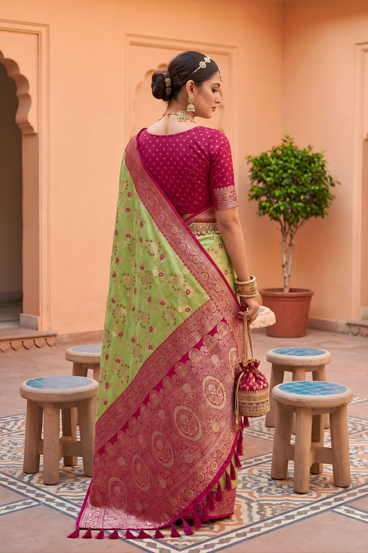 Graceful Pista Green Soft Banarasi Silk Saree Weaving Meenakari Design for Women